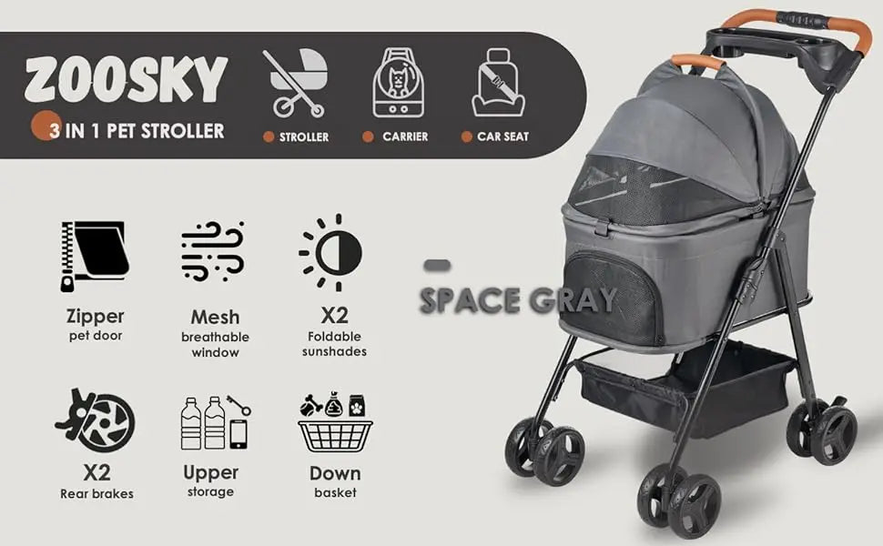 3-in-1 Pet Stroller, Carrier, and Car Seat with Adjustable Canopy and Storage Basket