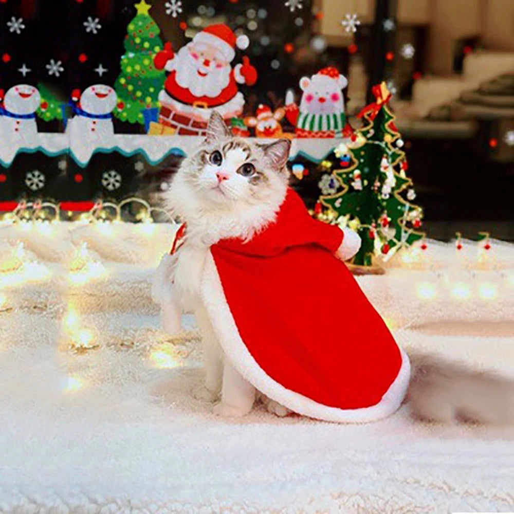 Festive Christmas Pet Cape with Hat - Holiday Outfit for Cats and Small Dogs