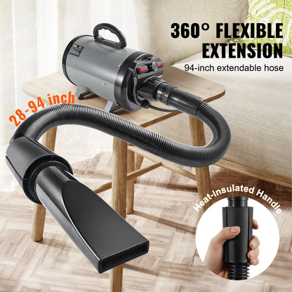 Powerful Pet Hair Dryer - Adjustable Temperature, 4 Nozzles, 2000W