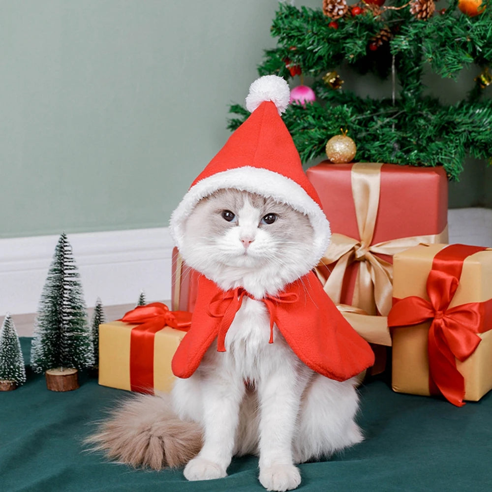 Festive Christmas Pet Cape with Hat - Holiday Outfit for Cats and Small Dogs