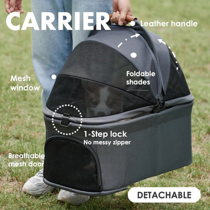 3-in-1 Pet Stroller, Carrier, and Car Seat with Adjustable Canopy and Storage Basket