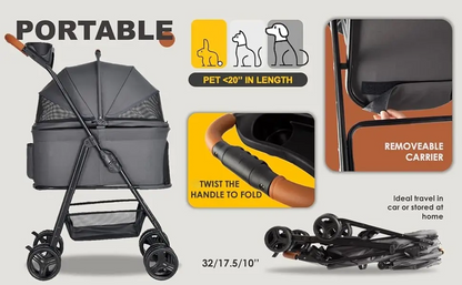 3-in-1 Pet Stroller, Carrier, and Car Seat with Adjustable Canopy and Storage Basket