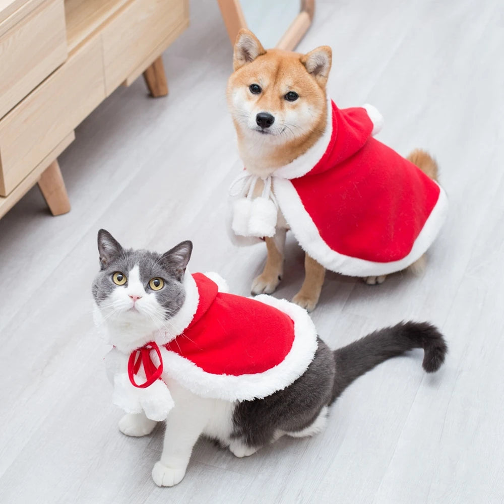 Festive Christmas Pet Cape with Hat - Holiday Outfit for Cats and Small Dogs