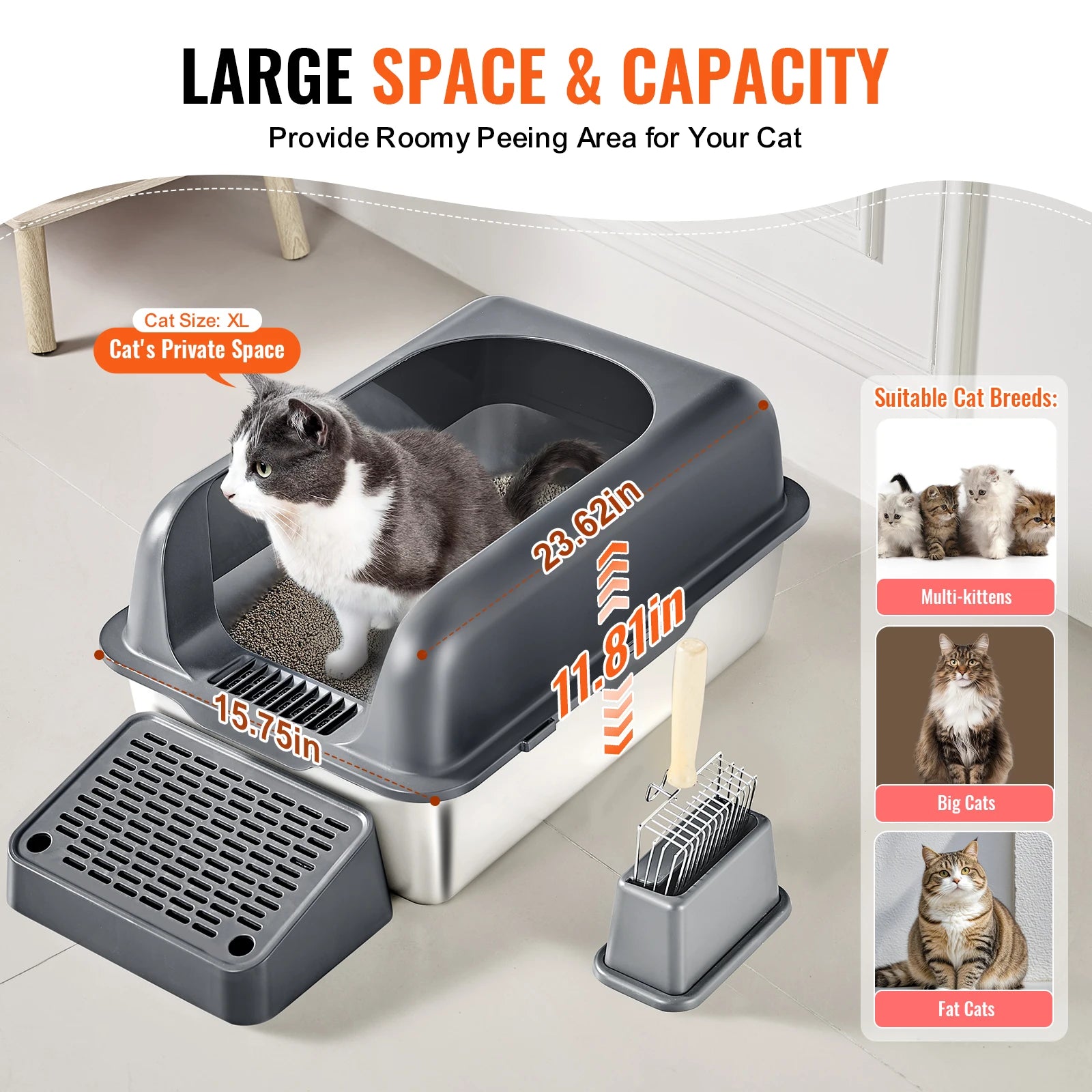 Stainless Steel Cat Litter Box, Durable, Rust-Resistant, Easy Clean