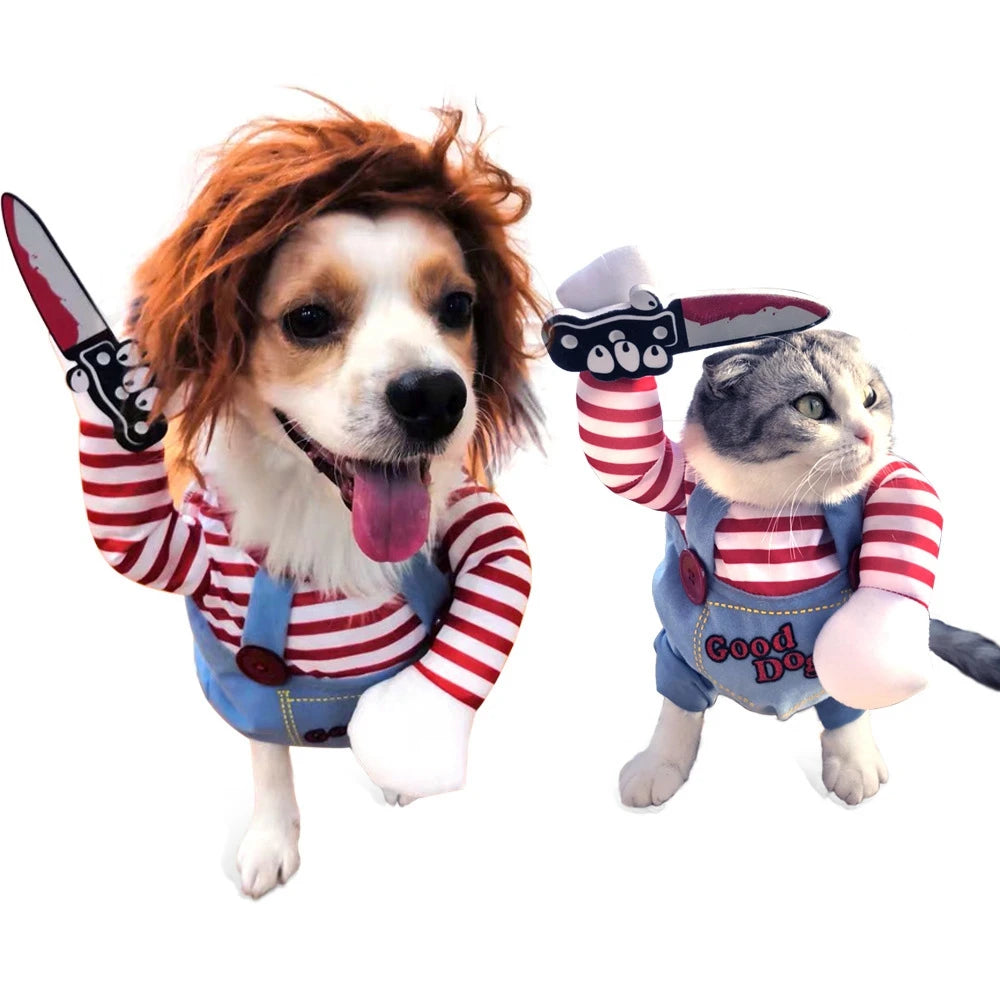 Chucky Pet Costume with Hat and Foam Knife - Adorable Outfit for Cats and Dogs