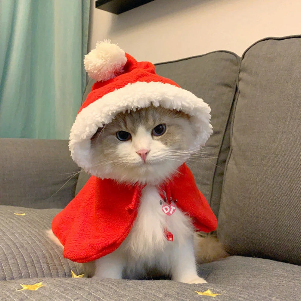 Festive Christmas Pet Cape with Hat - Holiday Outfit for Cats and Small Dogs