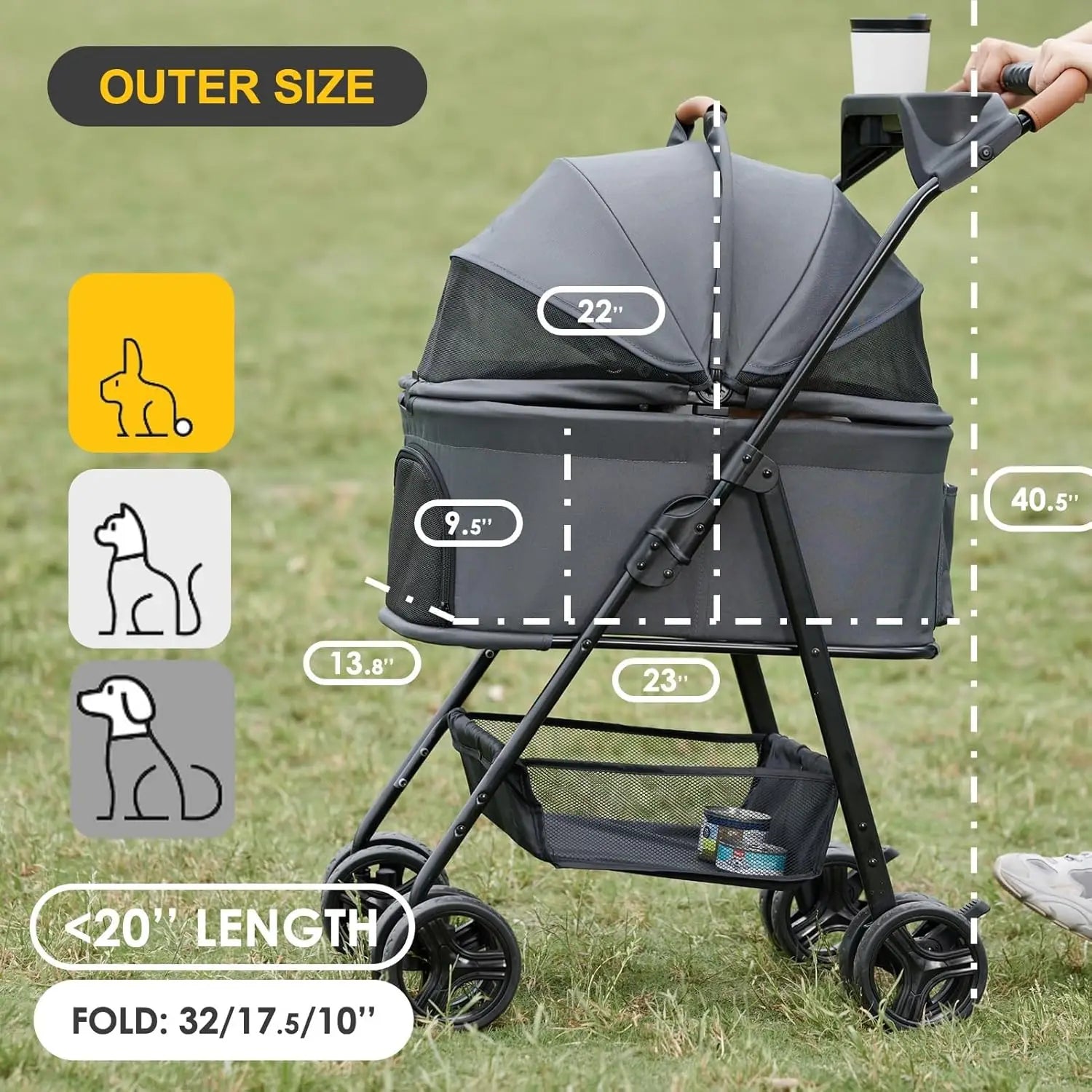 3-in-1 Pet Stroller, Carrier, and Car Seat with Adjustable Canopy and Storage Basket