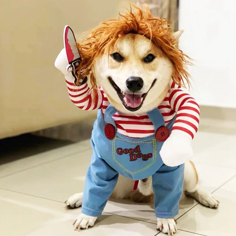 Chucky Pet Costume with Hat and Foam Knife - Adorable Outfit for Cats and Dogs