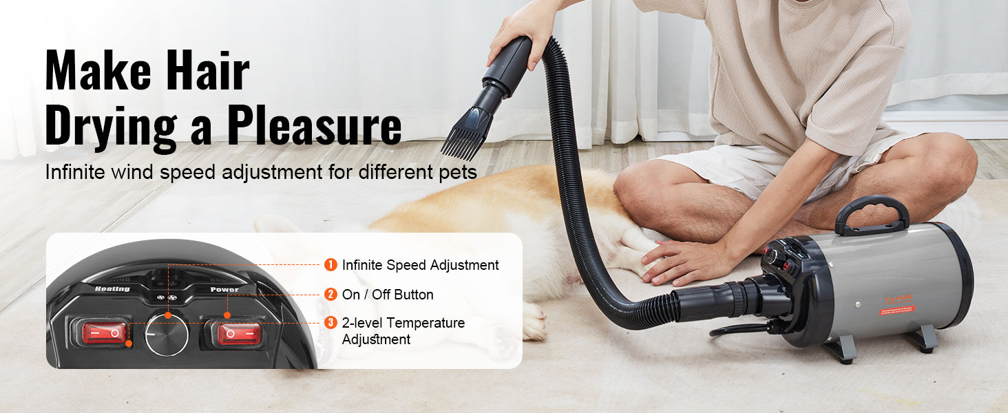 Powerful Pet Hair Dryer - Adjustable Temperature, 4 Nozzles, 2000W